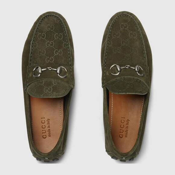 GUCCI Driver Men\'s Olive Green Suede W/ Horsebit Loafers Gucci size 10.5